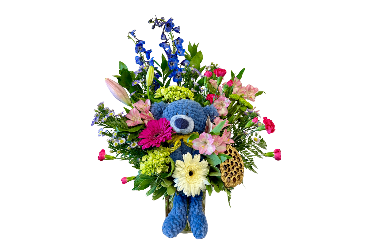 Blue Teddy Bear Flower Arrangement