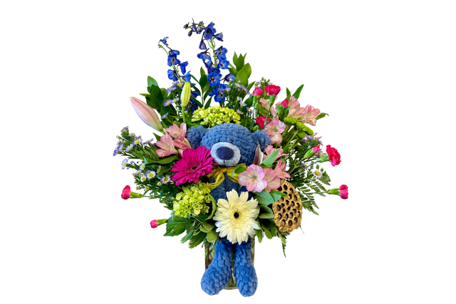 Blue Teddy Bear Flower Arrangement
