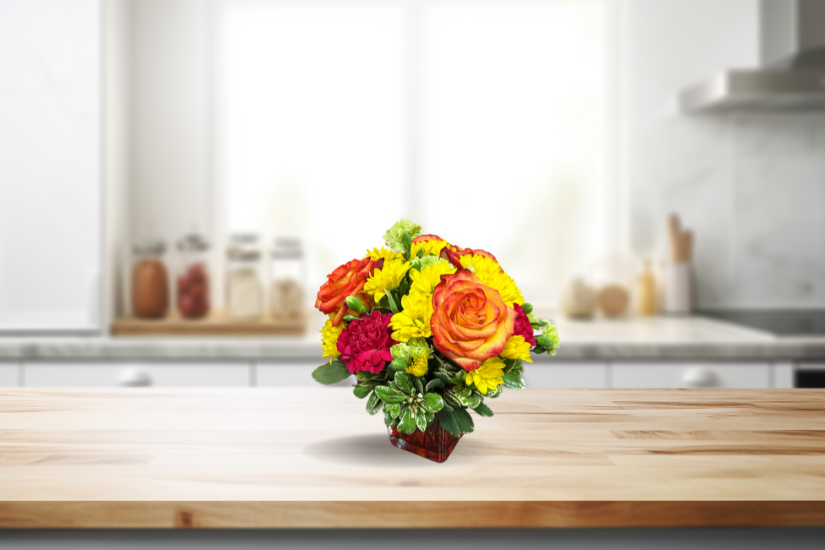 yellow and orange flower arrangement denton Texas delivery