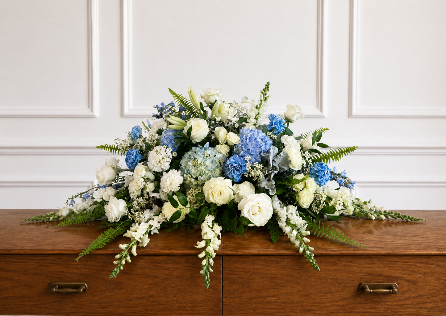 Blue and white casket spray Denton Texas