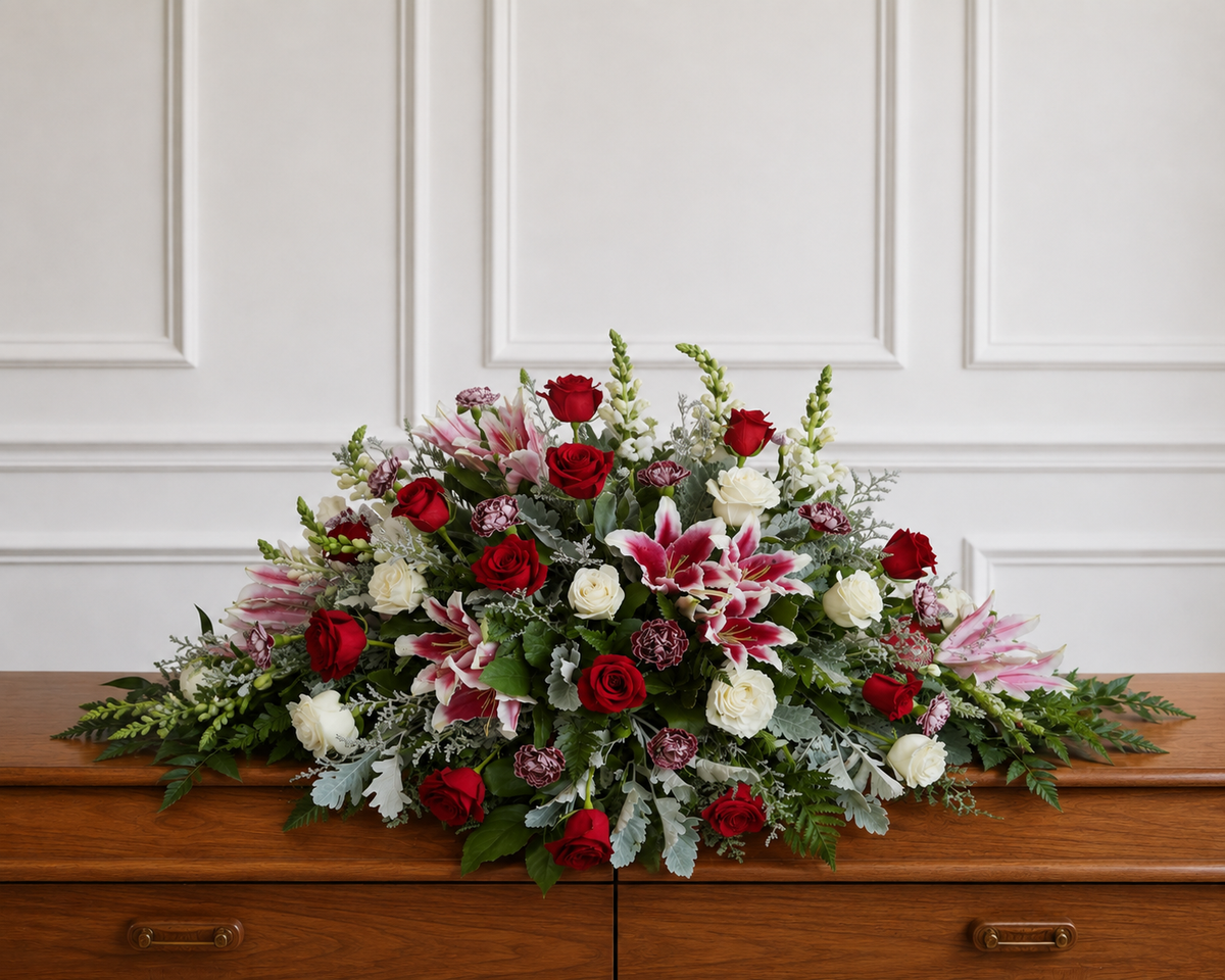 Red and White Casket Spray Denton Texas