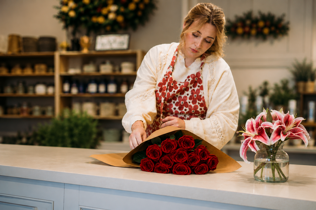 Wrapped Red Roses at Denton Florist, Texas