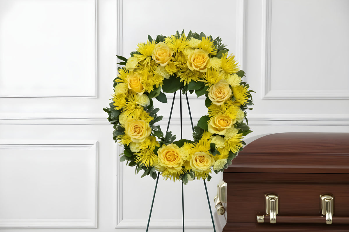 Yellow Sympathy Wreath at Denton Florist